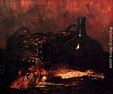 A Still Life With A Fish, A Bottle And A Wicker Basket